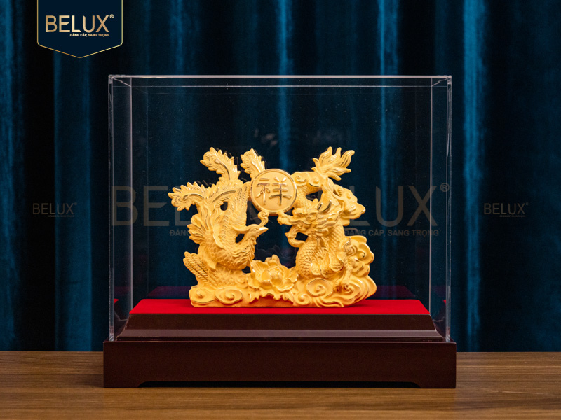 Tượng Long Phụng dát vàng cát&nbsp;16x4.5x13cm